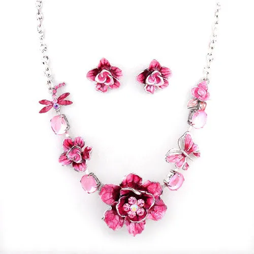 LUX Pink Enamel Garden Flowers Necklace Set with Swarovski Rhinestones