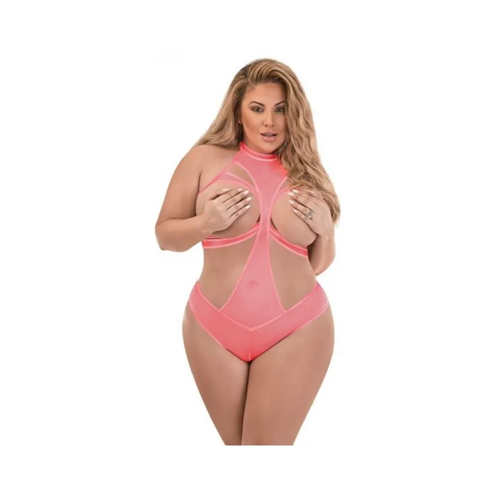 Magic Silk Forever Mesh Cupless & Crotchless Halter Teddy With Split-back Coral Queen