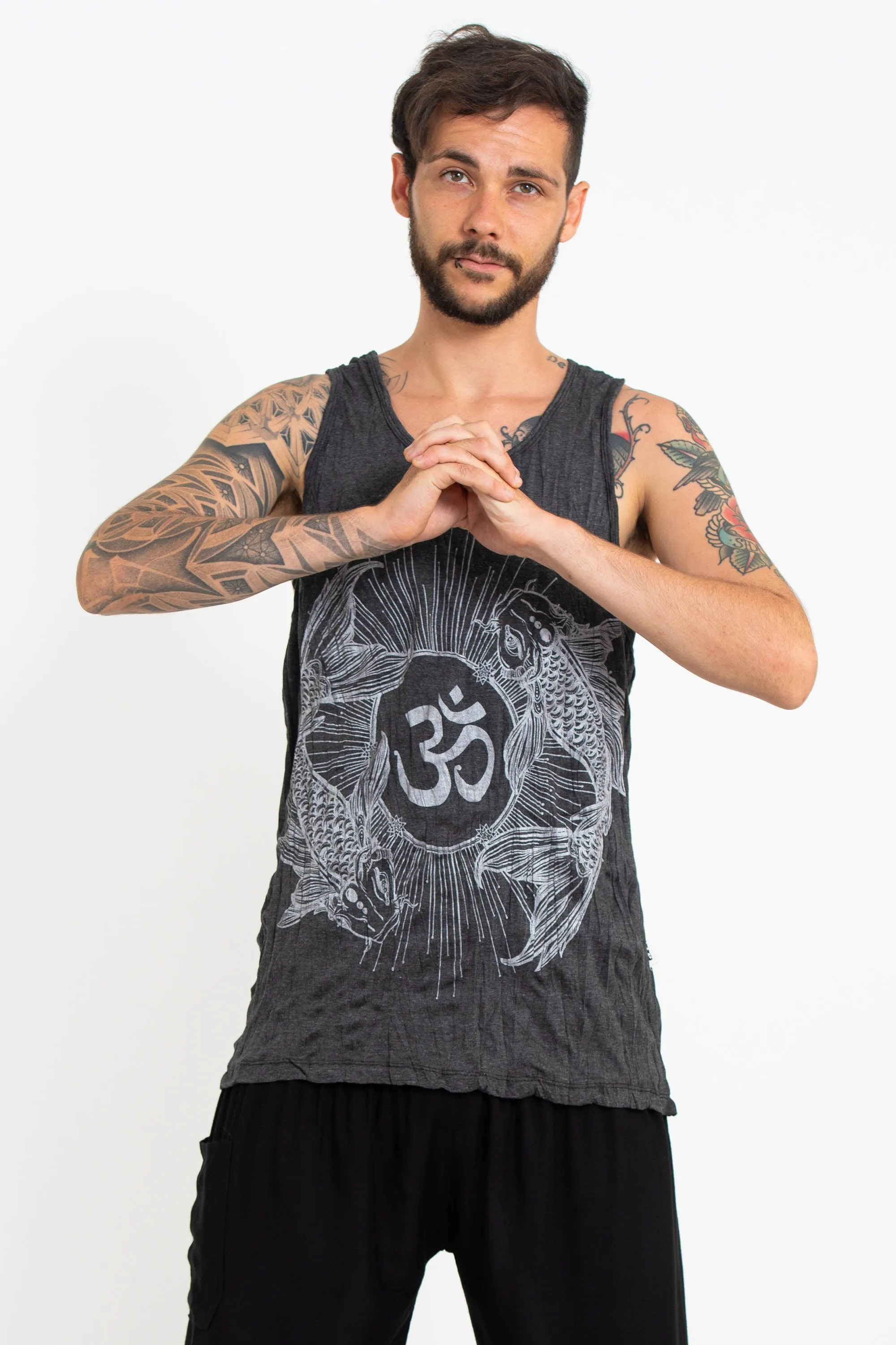 Mens Om and Koi Fish Tank Top in Silver on Black