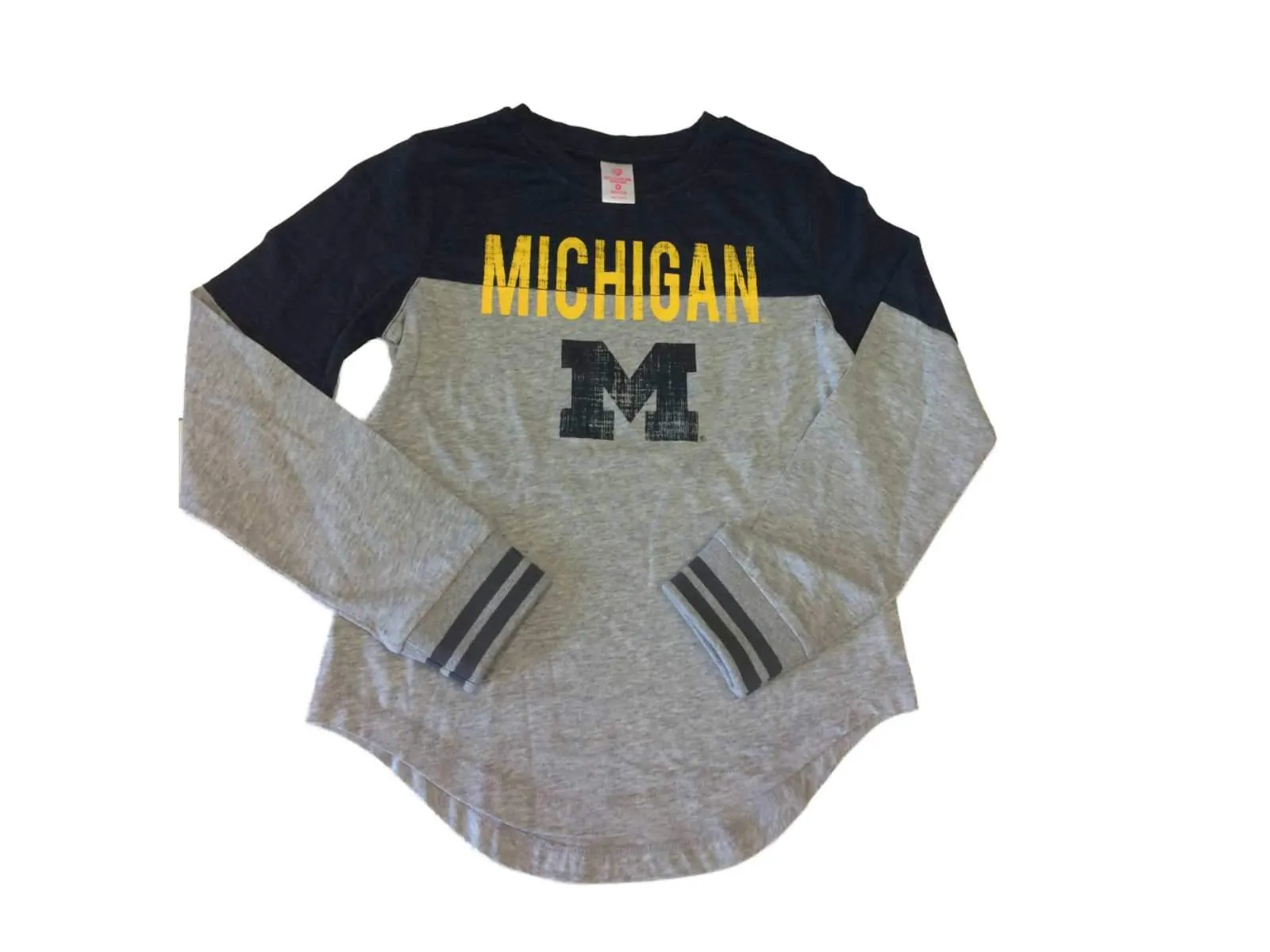 Michigan Wolverines Colosseum GIRLS Navy and Gray LS Crew Neck T-Shirt (M)