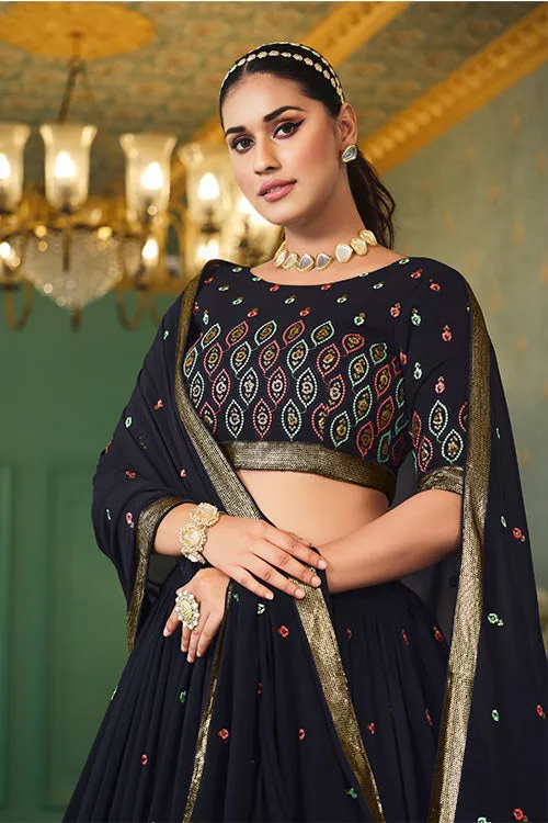 Navy Blue Georgette Thread With Sequins Work On Lehenga Choli