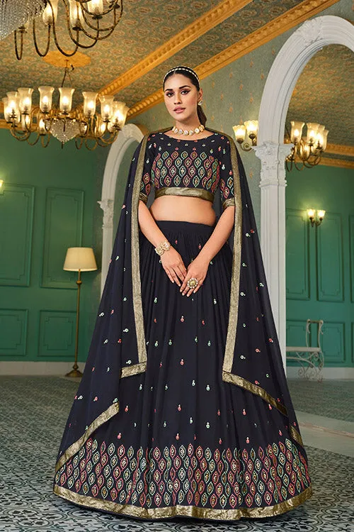 Navy Blue Georgette Thread With Sequins Work On Lehenga Choli