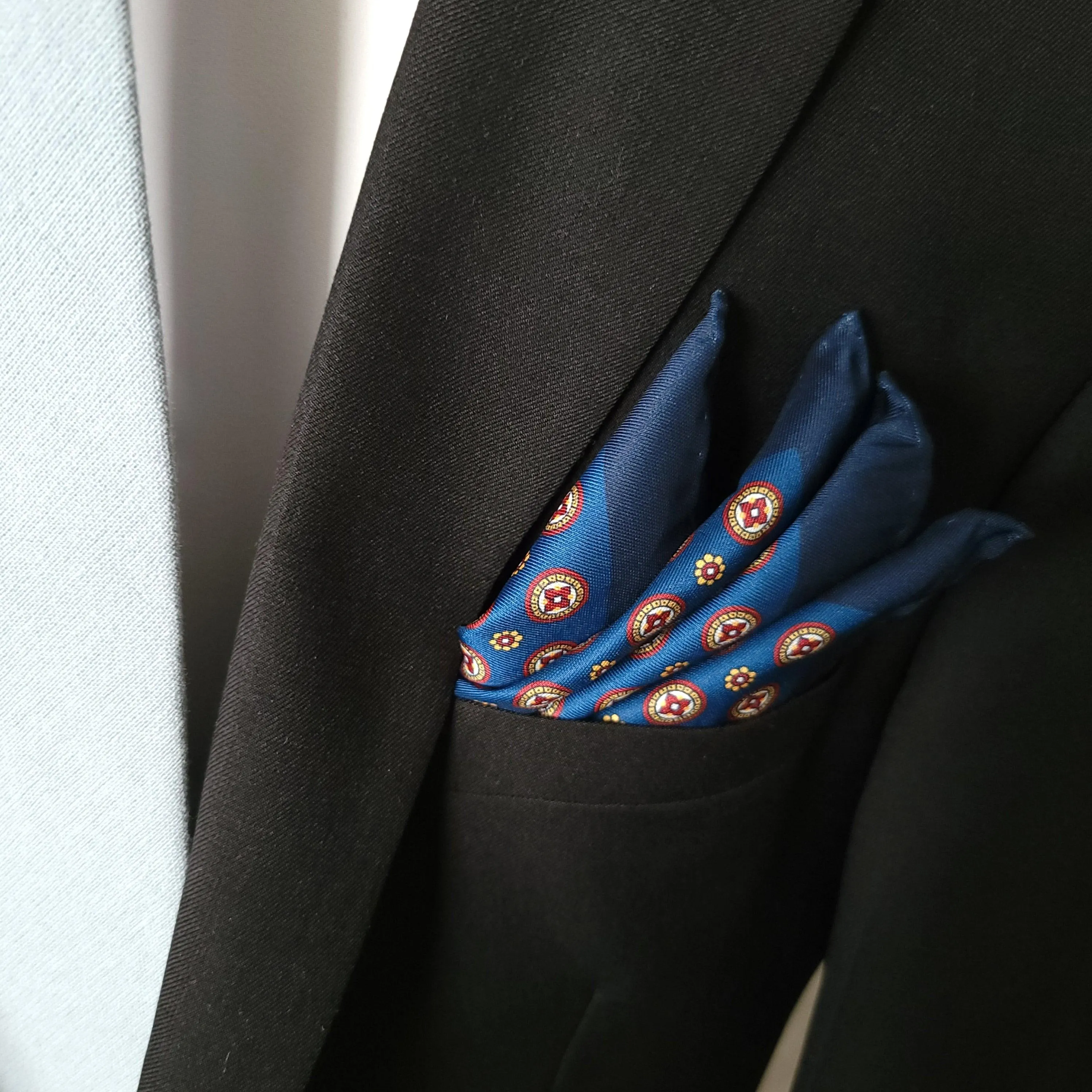 Navy Blue Red Floral Polka Dot Stylish and Elegant Silk Pocket Square