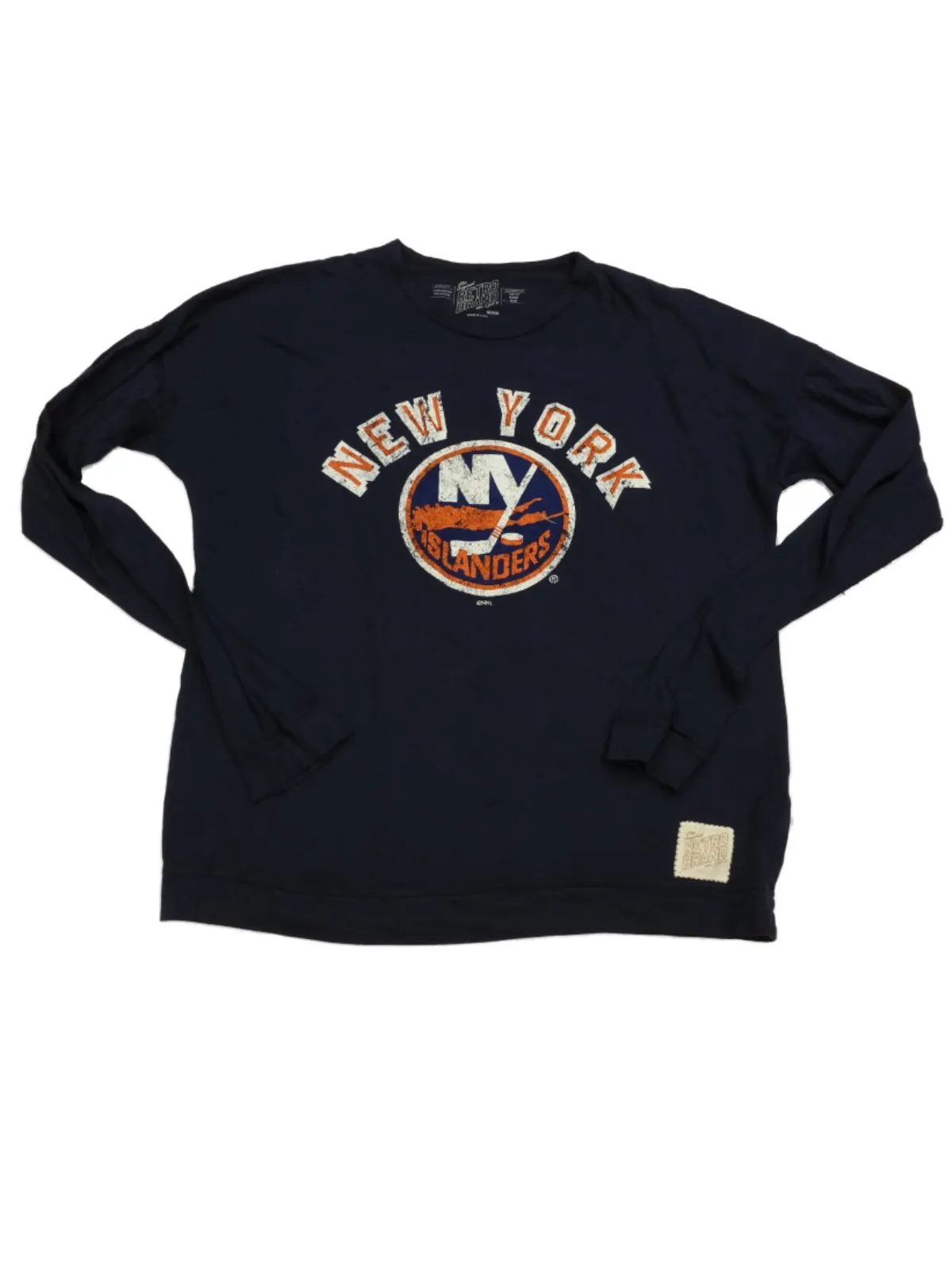 New York Islanders Retro Brand WOMENS Navy Grunge Logo LS Crew Neck T-Shirt (M)