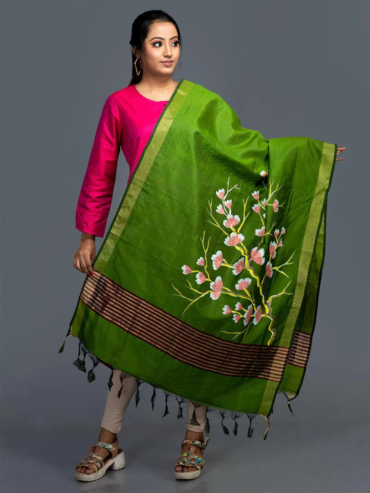 Olive Green Hand Painted Bishnupuri Katan Silk Dupatta