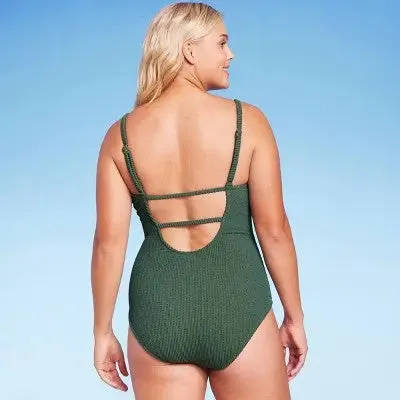 Open Box - Kona Sol Women's Pucker One Piece Swimsuit High Coverage Textured