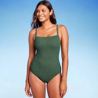 Open Box - Kona Sol Women's Pucker One Piece Swimsuit High Coverage Textured