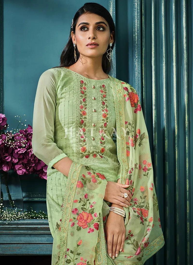 Pista Green Multi Embroidered Pakistani Pant Style Suit