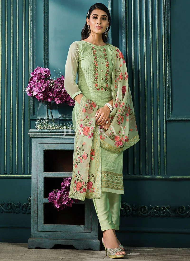 Pista Green Multi Embroidered Pakistani Pant Style Suit