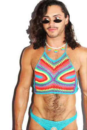 Psychedelic Rainbow Crochet Halter Tank- Blue