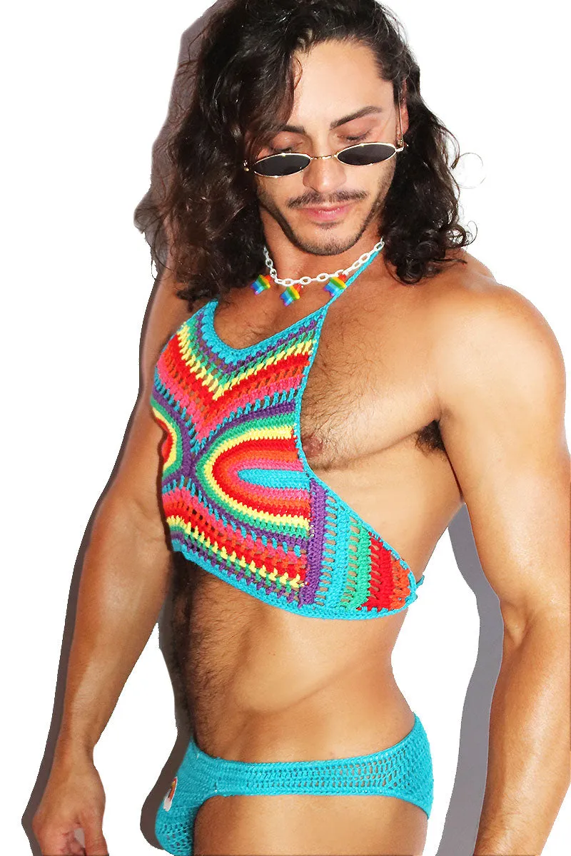 Psychedelic Rainbow Crochet Halter Tank- Blue