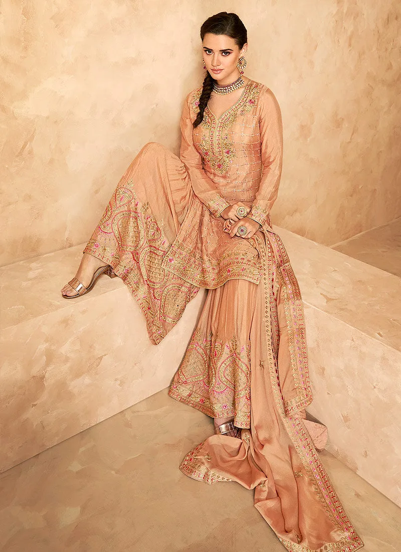 Rustic Peach Golden Embroidered Designer Gharara Suit