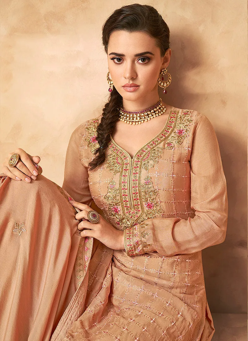 Rustic Peach Golden Embroidered Designer Gharara Suit