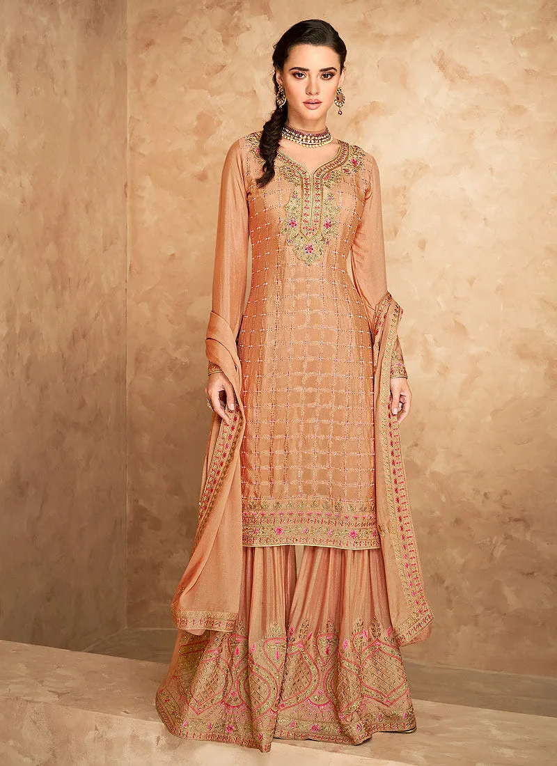 Rustic Peach Golden Embroidered Designer Gharara Suit