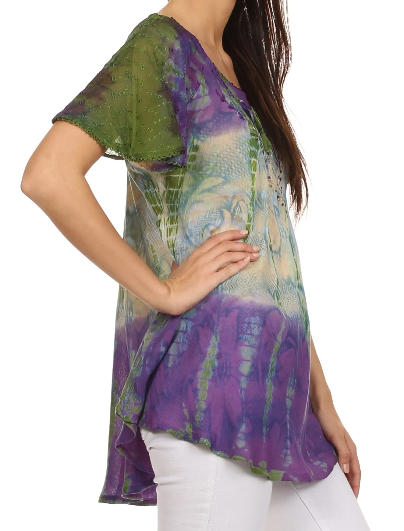 Sakkas Dina Relaxed Fit Sequin Tie Dye Embroidery Cap Sleeves Blouse / Top