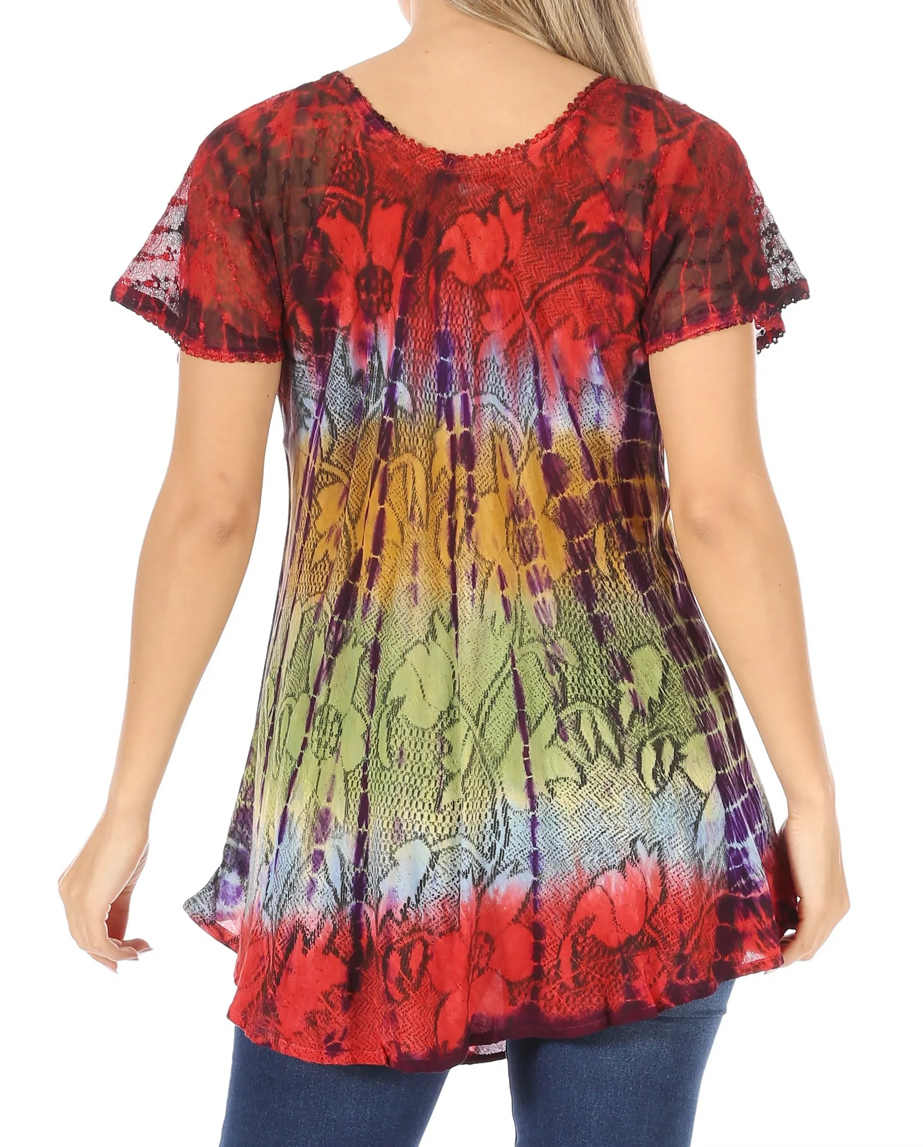 Sakkas Dina Relaxed Fit Sequin Tie Dye Embroidery Cap Sleeves Blouse / Top