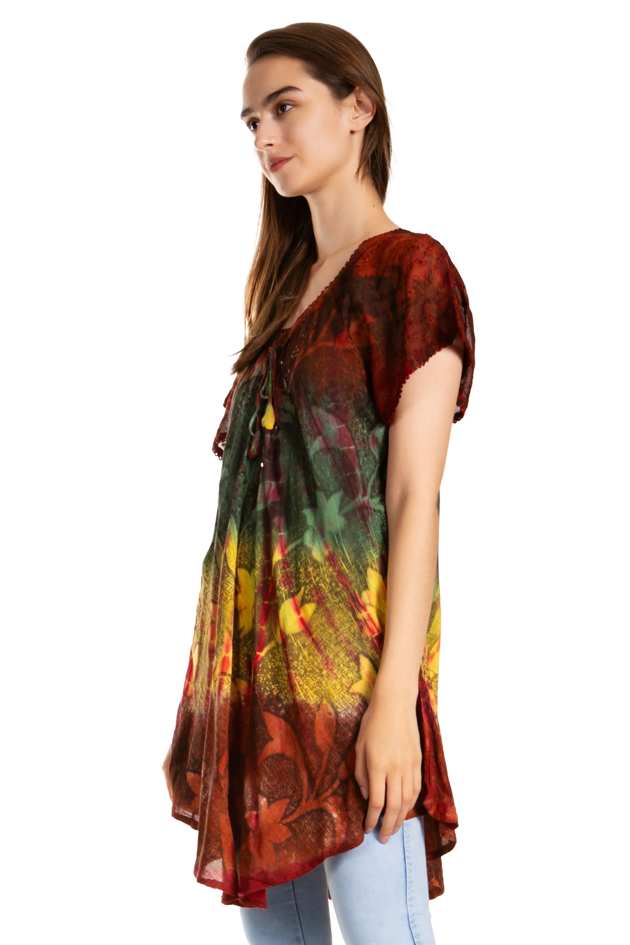 Sakkas Dina Relaxed Fit Sequin Tie Dye Embroidery Cap Sleeves Blouse / Top