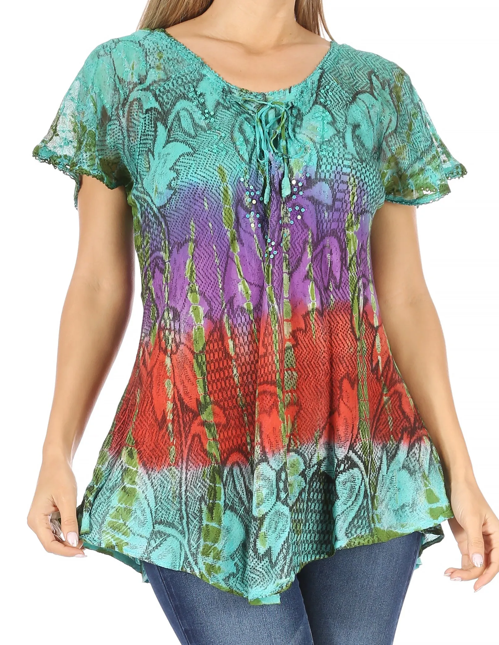 Sakkas Dina Relaxed Fit Sequin Tie Dye Embroidery Cap Sleeves Blouse / Top