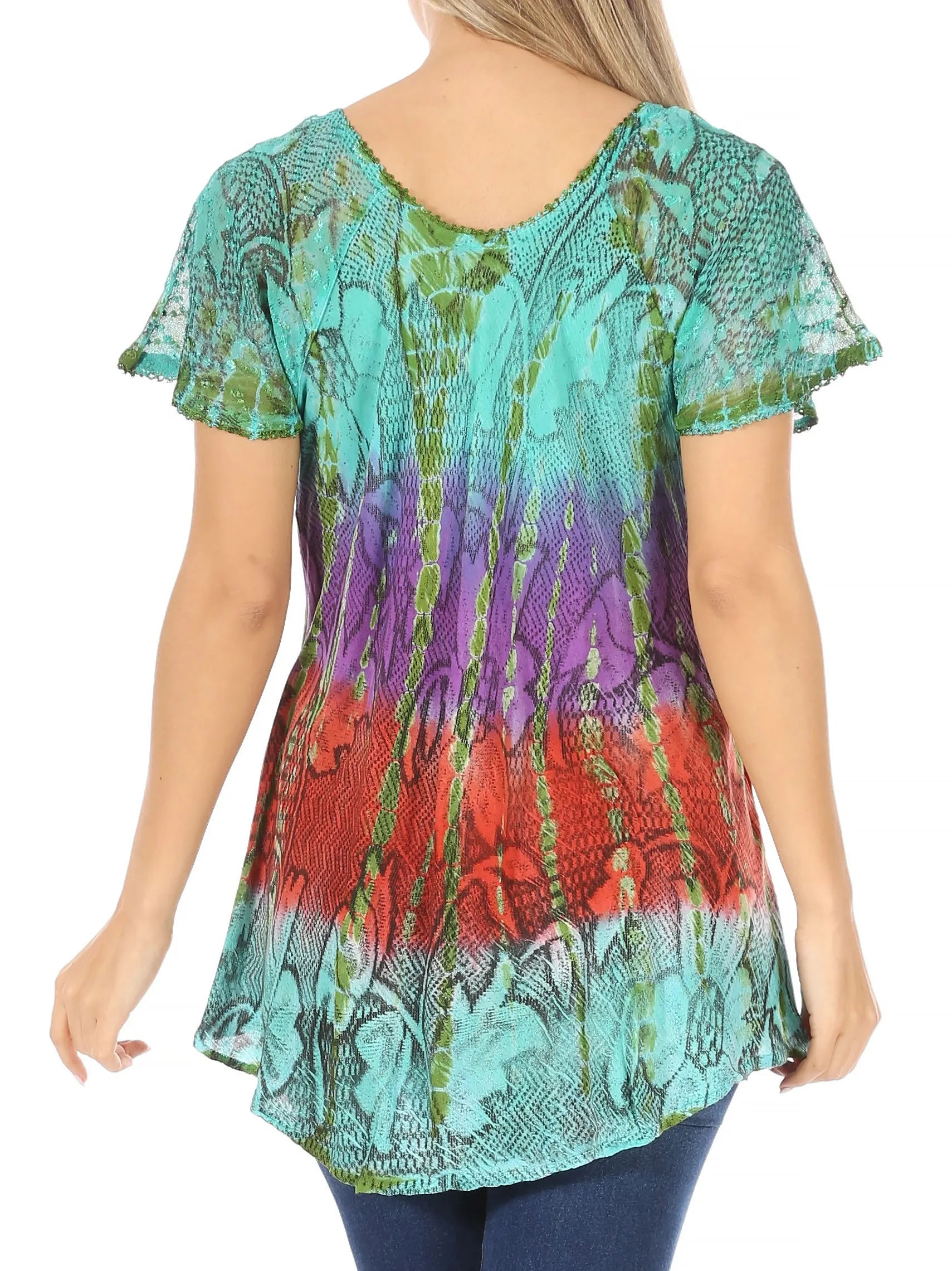 Sakkas Dina Relaxed Fit Sequin Tie Dye Embroidery Cap Sleeves Blouse / Top