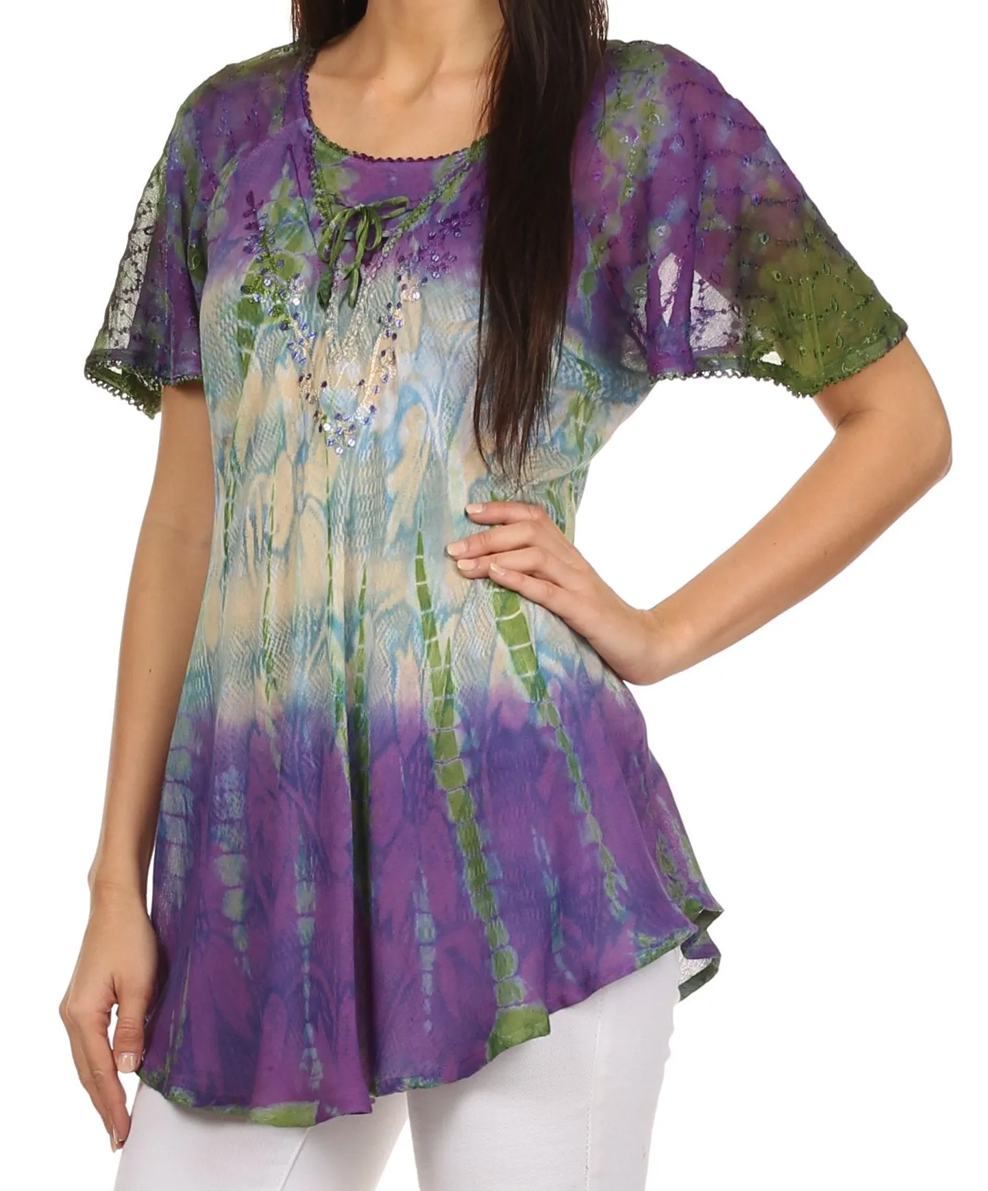 Sakkas Dina Relaxed Fit Sequin Tie Dye Embroidery Cap Sleeves Blouse / Top