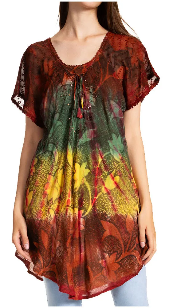 Sakkas Dina Relaxed Fit Sequin Tie Dye Embroidery Cap Sleeves Blouse / Top