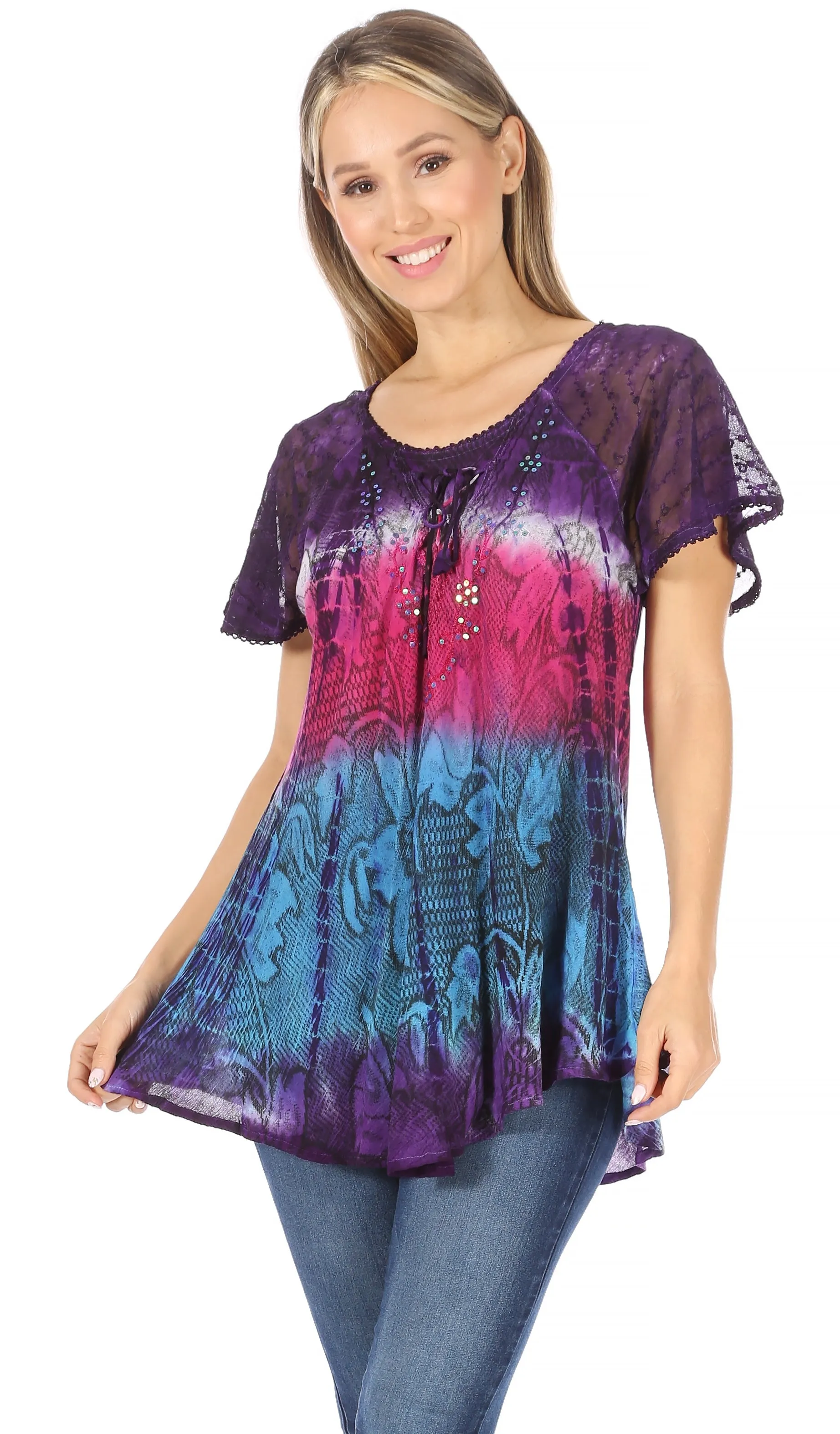 Sakkas Dina Relaxed Fit Sequin Tie Dye Embroidery Cap Sleeves Blouse / Top