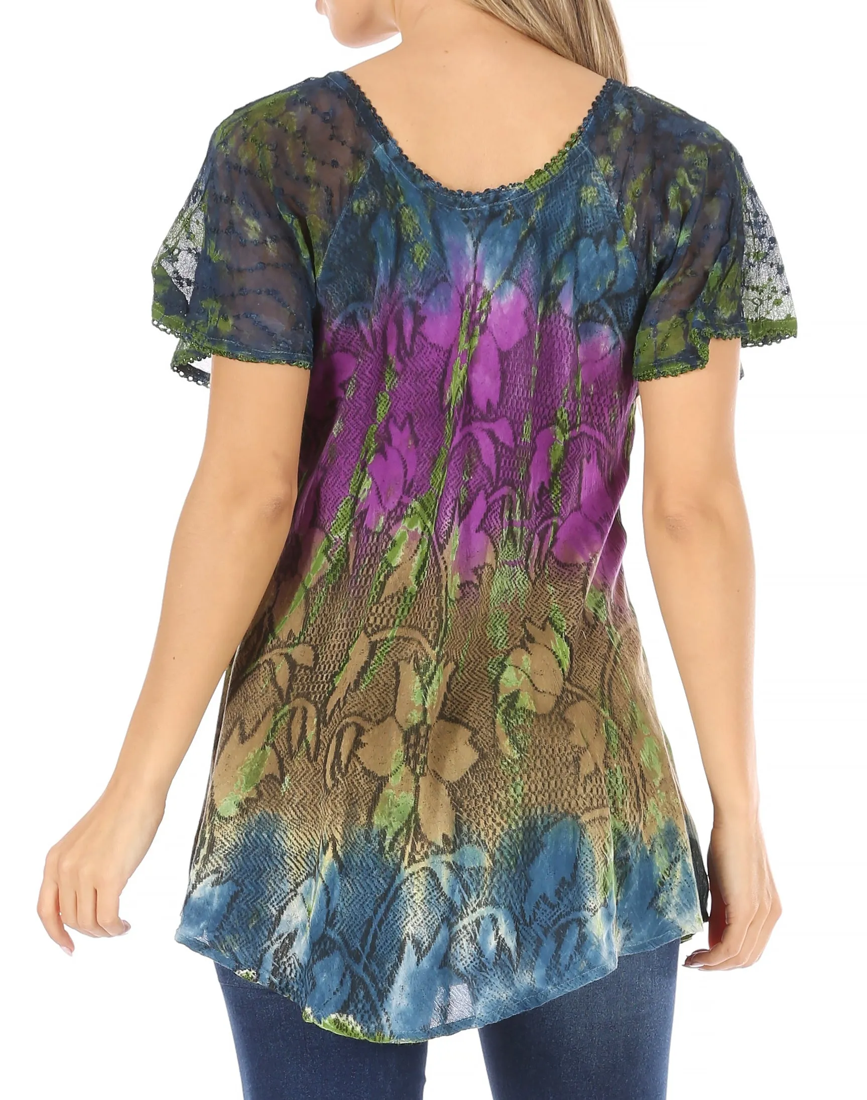 Sakkas Dina Relaxed Fit Sequin Tie Dye Embroidery Cap Sleeves Blouse / Top