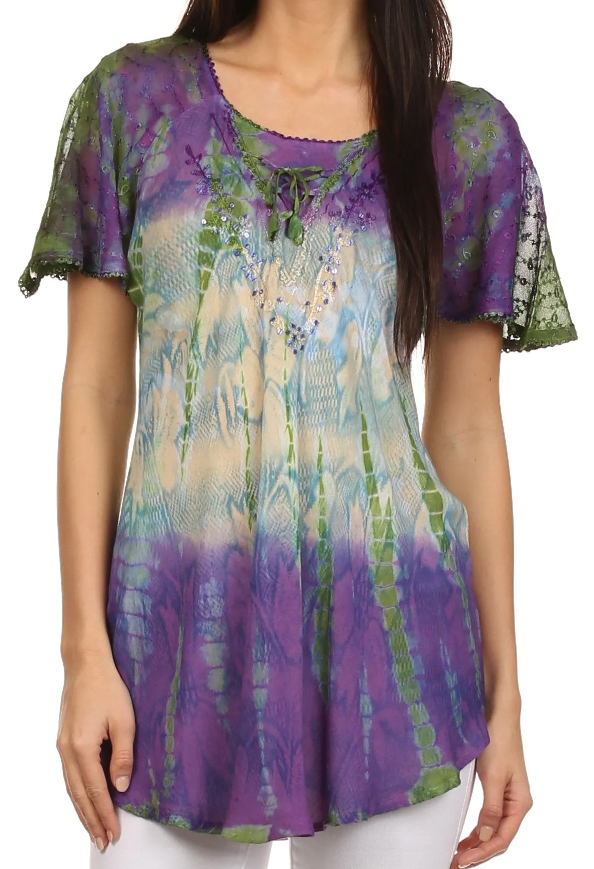 Sakkas Dina Relaxed Fit Sequin Tie Dye Embroidery Cap Sleeves Blouse / Top