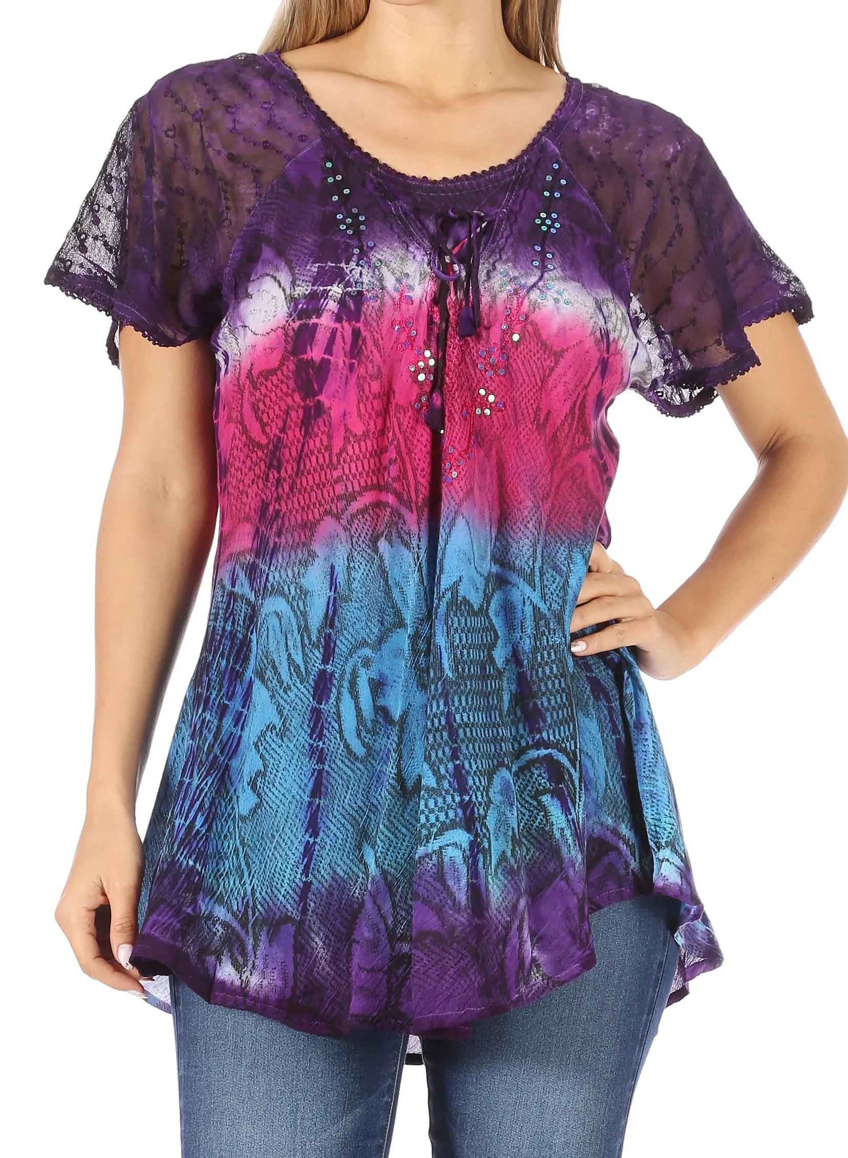 Sakkas Dina Relaxed Fit Sequin Tie Dye Embroidery Cap Sleeves Blouse / Top