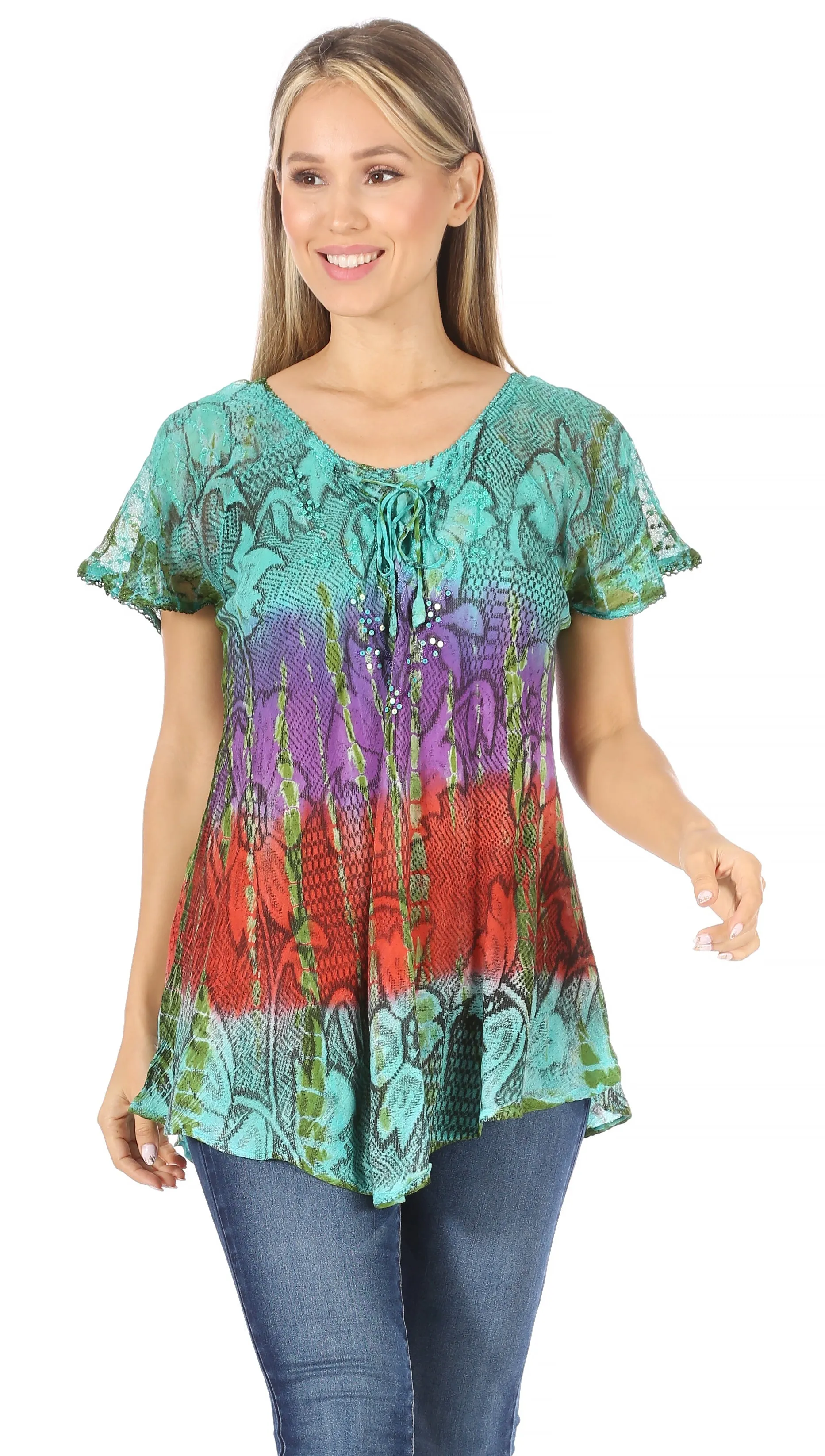 Sakkas Dina Relaxed Fit Sequin Tie Dye Embroidery Cap Sleeves Blouse / Top