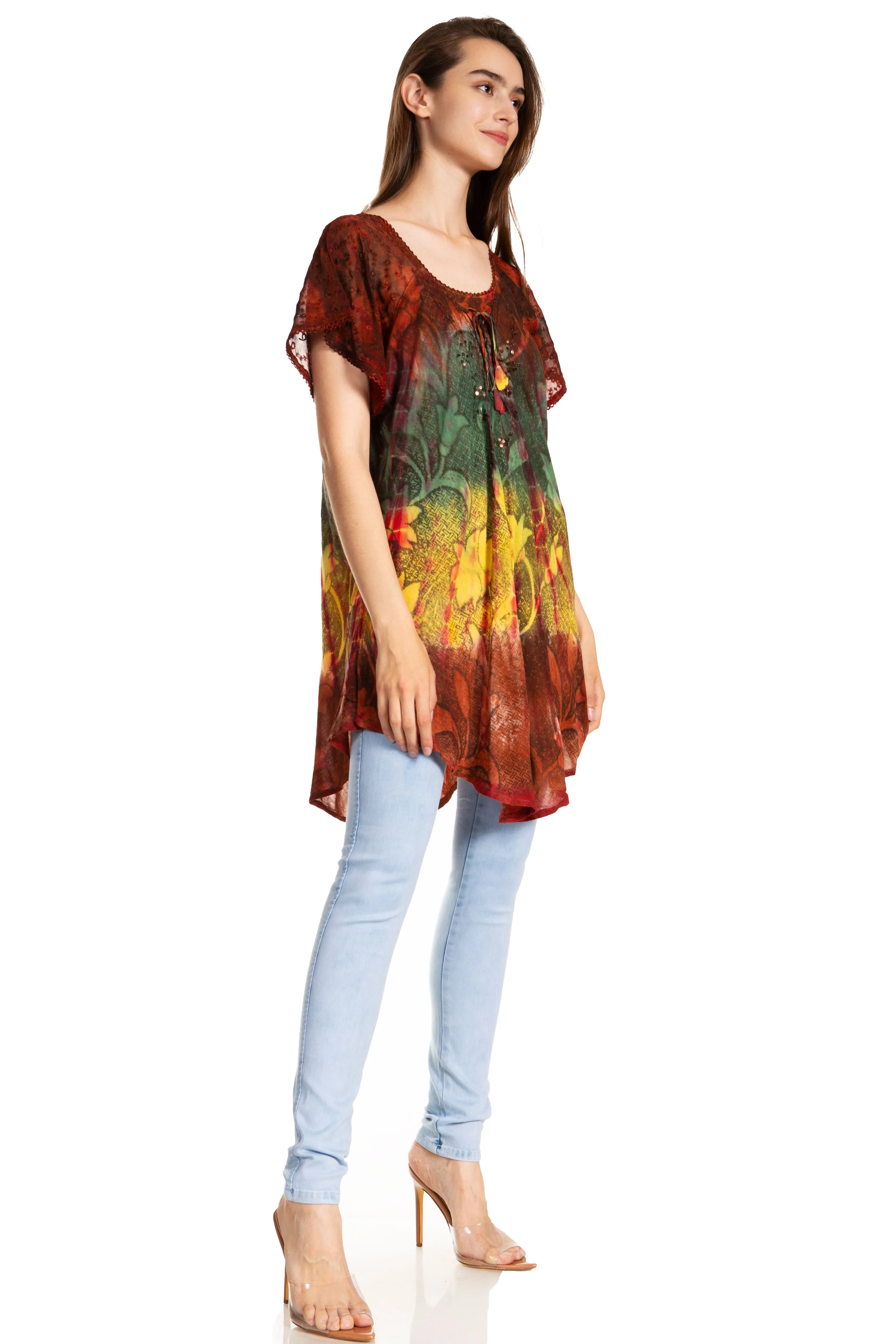 Sakkas Dina Relaxed Fit Sequin Tie Dye Embroidery Cap Sleeves Blouse / Top