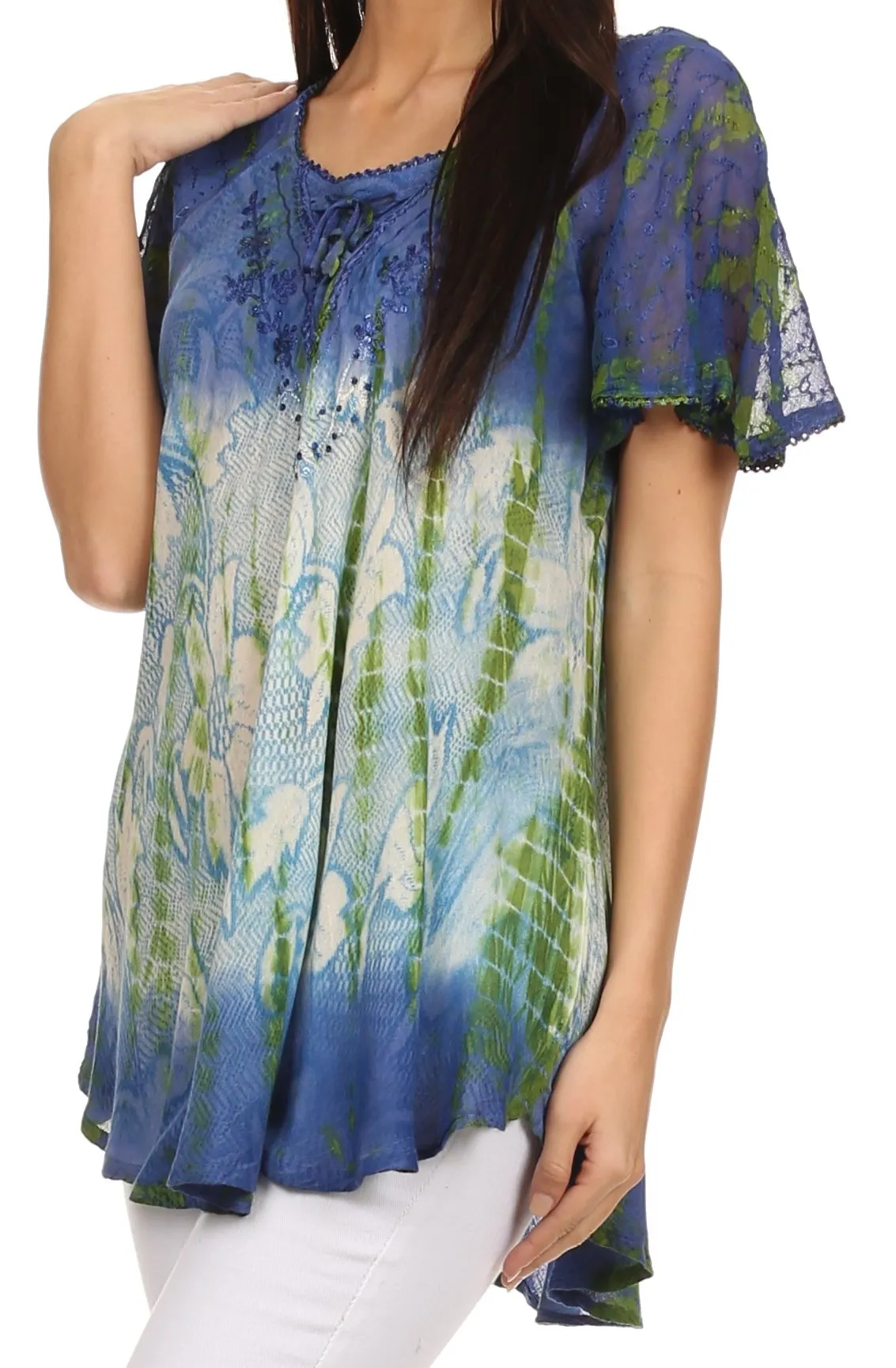 Sakkas Dina Relaxed Fit Sequin Tie Dye Embroidery Cap Sleeves Blouse / Top