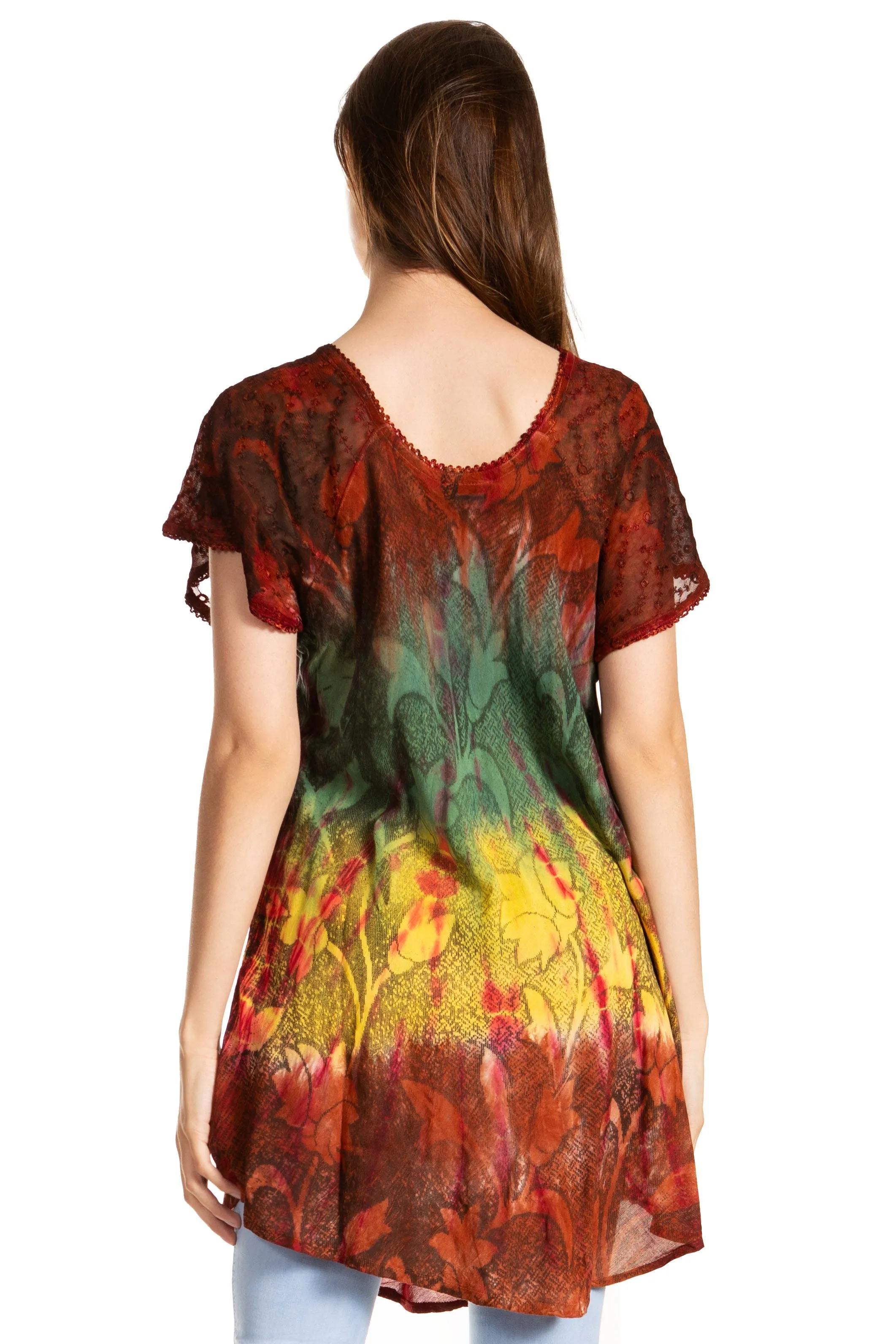 Sakkas Dina Relaxed Fit Sequin Tie Dye Embroidery Cap Sleeves Blouse / Top