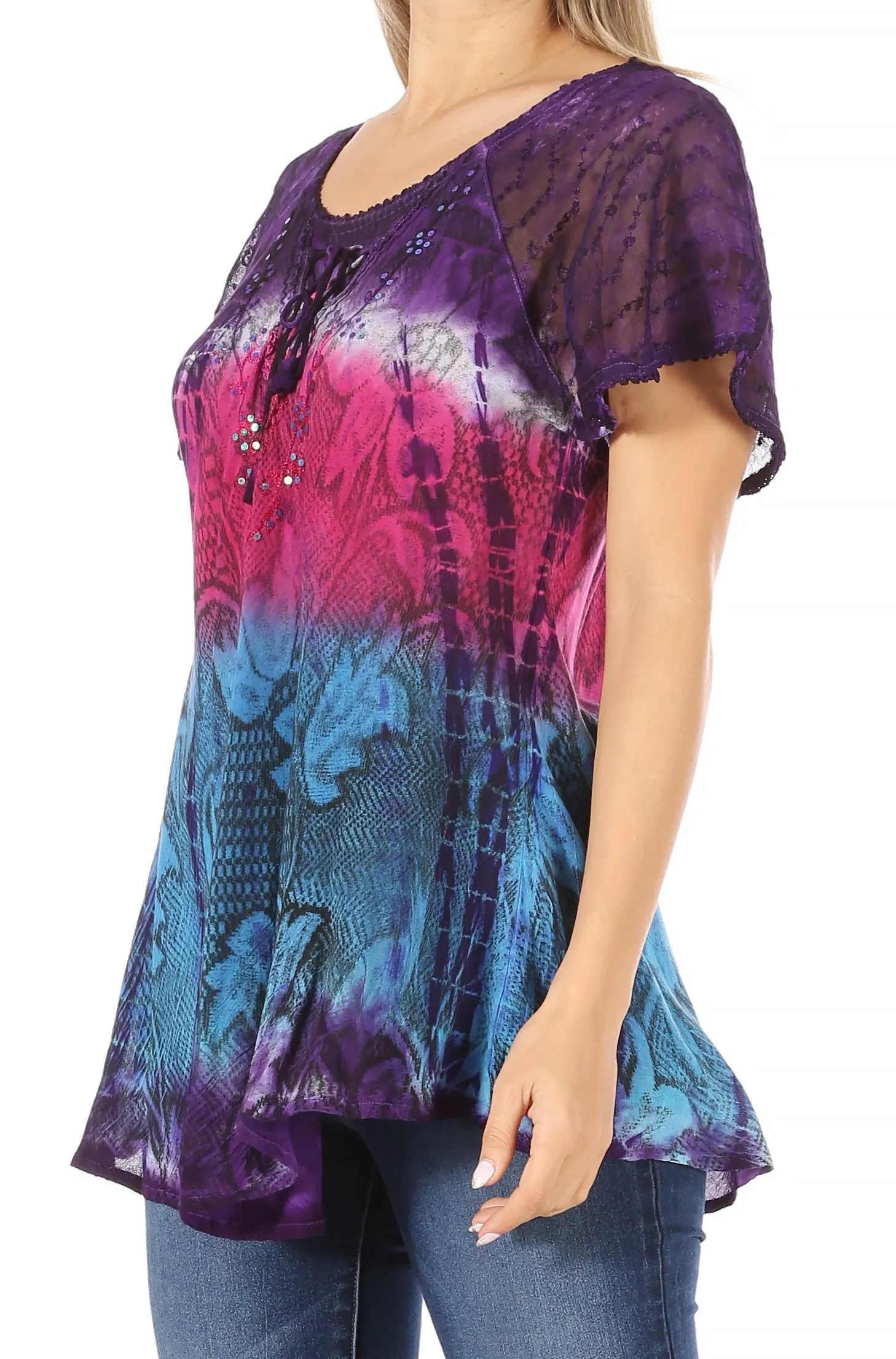 Sakkas Dina Relaxed Fit Sequin Tie Dye Embroidery Cap Sleeves Blouse / Top