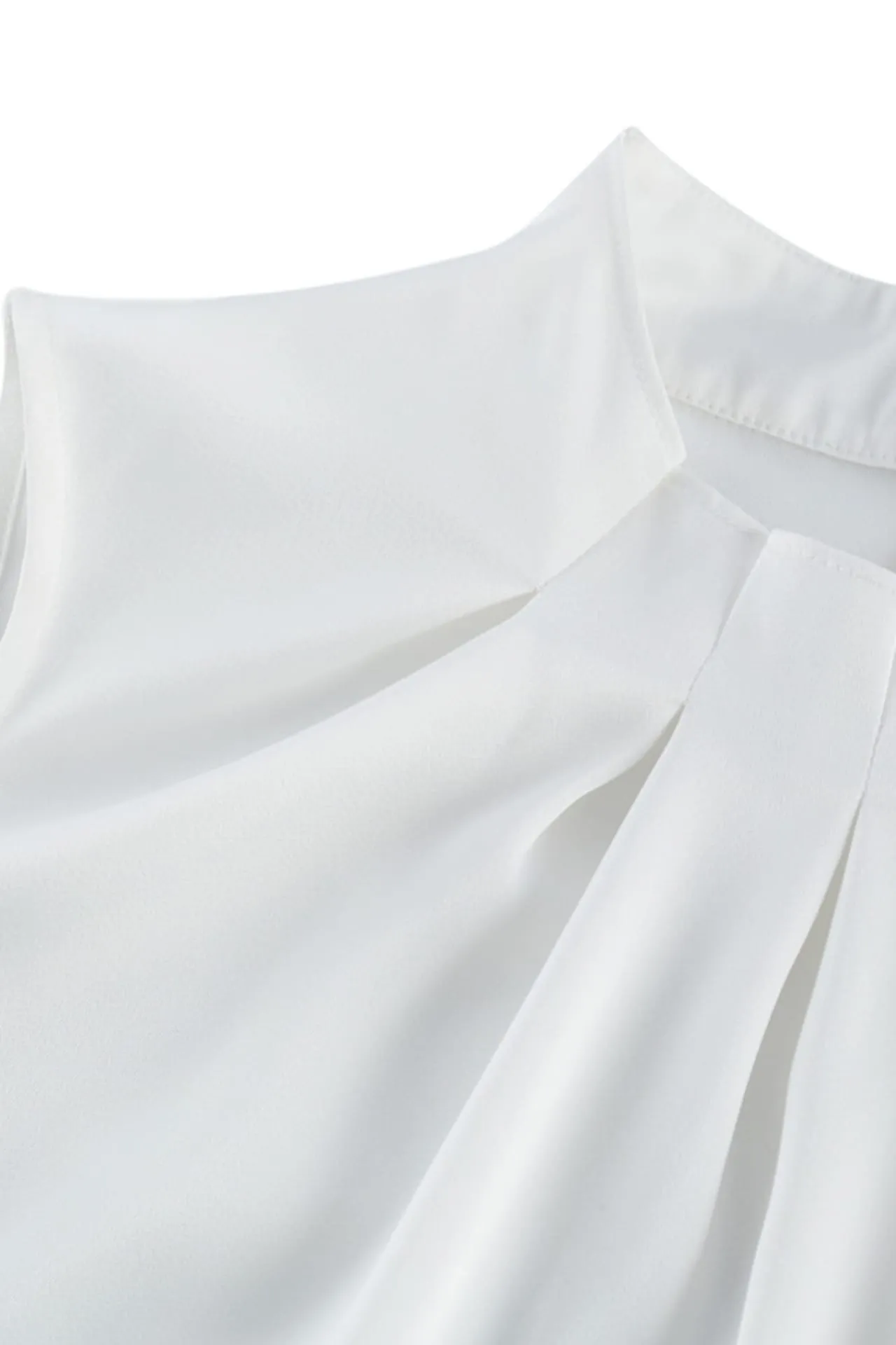 Satin Pleated Stand Collar Sleeveless Blouse