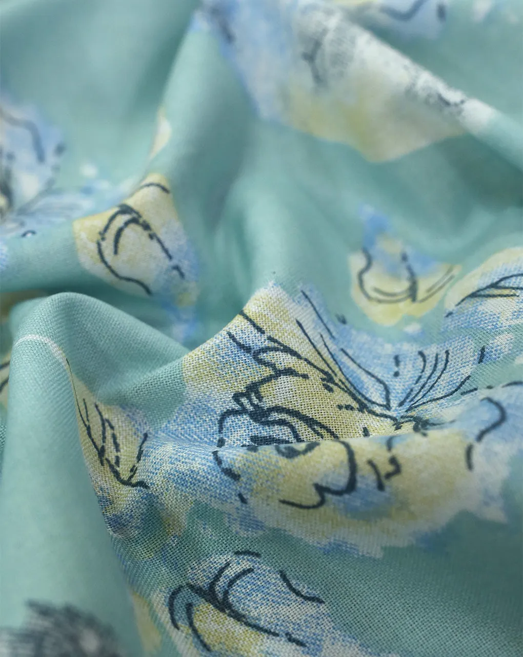 SEA GREEN FLORAL & LEAFS DESIGN PRINTED RAYON FABRIC