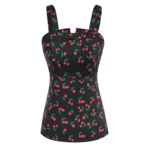 Seckill Offer⌛Vintage Cherries Print Tops Wide Straps Smocked Back Slim Fit Tank Top