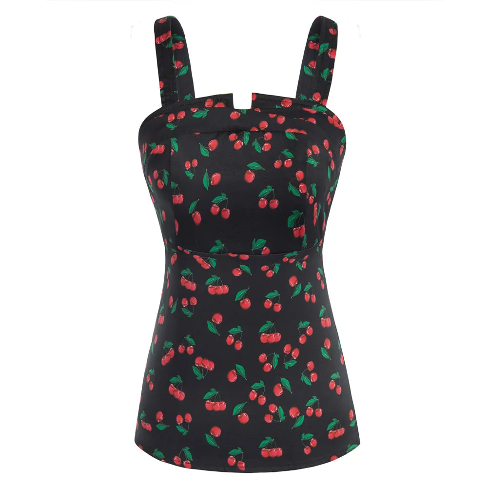 Seckill Offer⌛Vintage Cherries Print Tops Wide Straps Smocked Back Slim Fit Tank Top