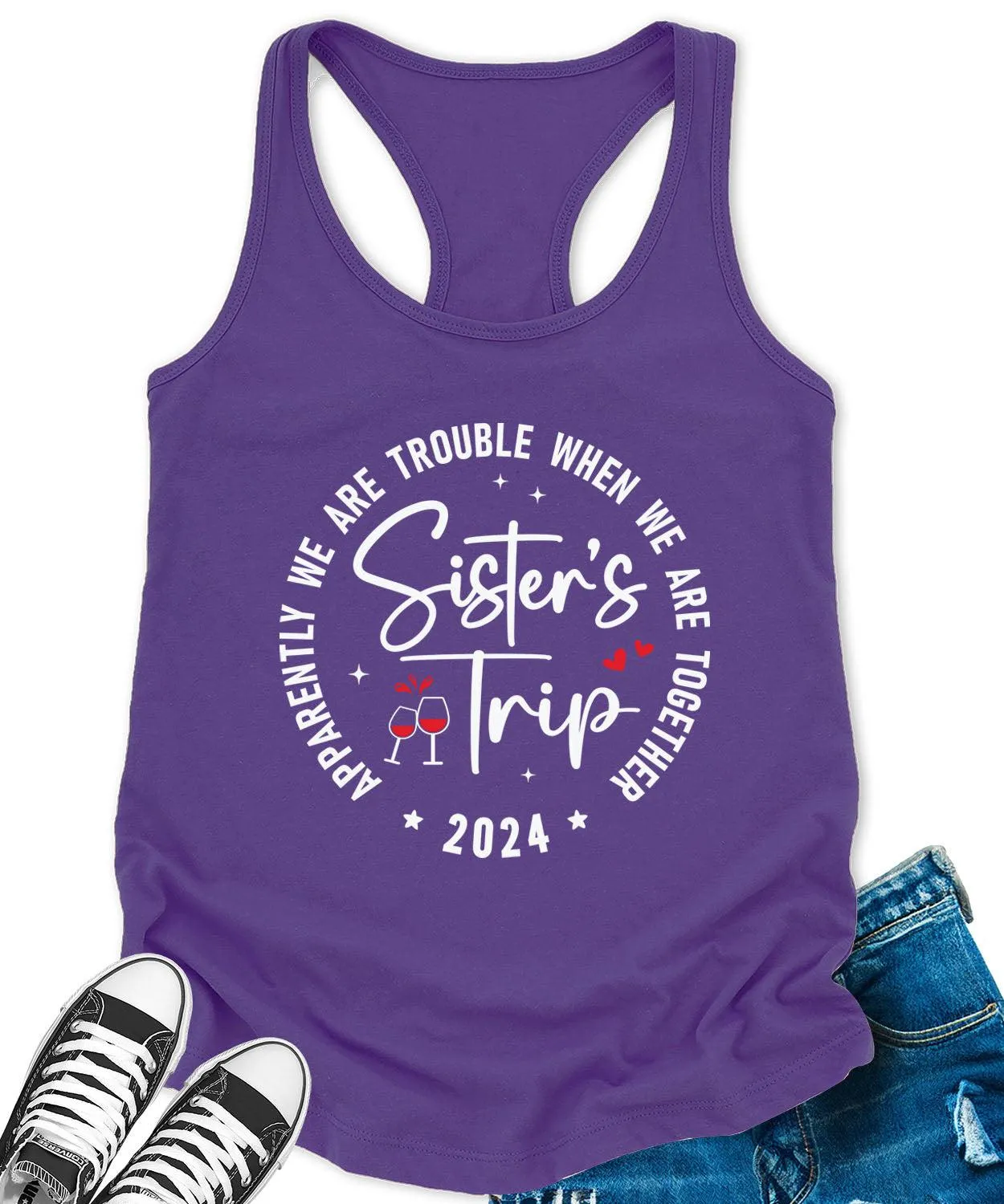 Sisters Trip 2024 Racerback Tank Top for Women Apparently We are Trouble Letter Print Sleeveless Summer Tops