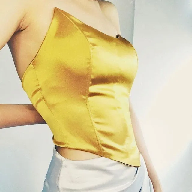 Solid Sleeveless Asymmetric Slim Skinny Corset Cropped Top 2021 Summer Casual Elegant Bustier Silk Women Tube Tops