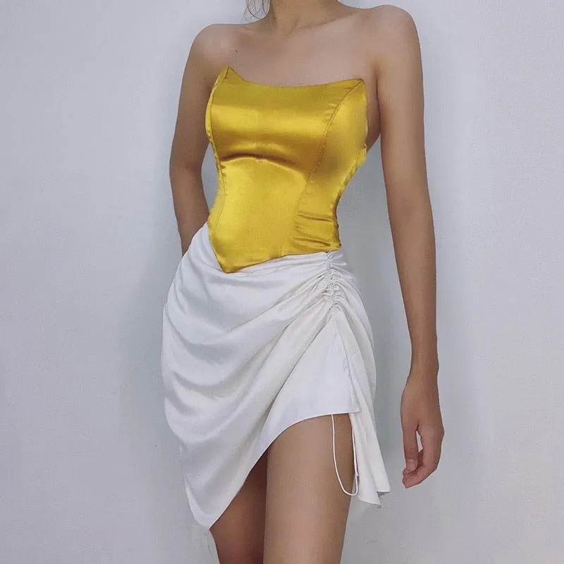 Solid Sleeveless Asymmetric Slim Skinny Corset Cropped Top 2021 Summer Casual Elegant Bustier Silk Women Tube Tops