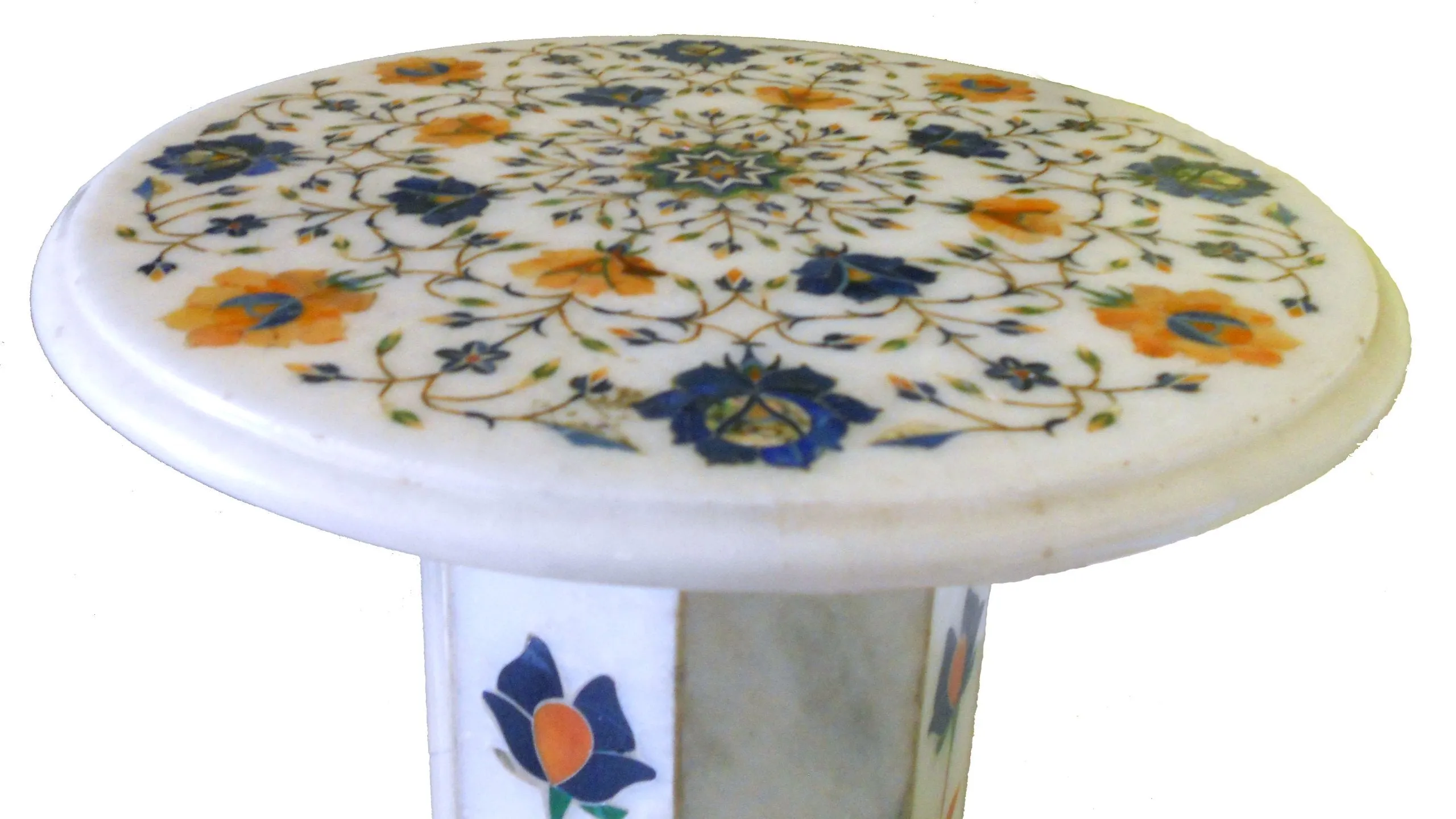 StonKraft Marble Coffee Corner Side Table Top with Pietre Dura Artwork Inlay Work Blue   Orange (15" Inches Diameter)