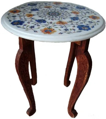 StonKraft Marble Coffee Corner Side Table Top with Pietre Dura Artwork Inlay Work Blue   Orange (15" Inches Diameter)