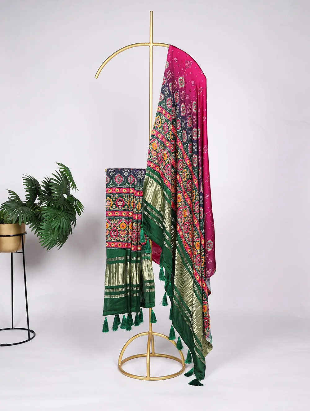 Stunning Rani Pink Gaji Silk Bandhej Dupatta with Digital Print & Lagadi Patti Work