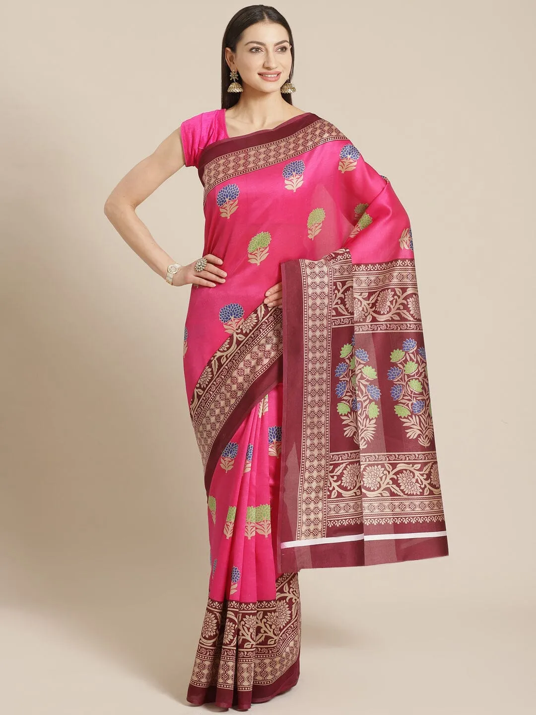 SVB SAREE Pink And Brown  Floral Printed Mysore Silk Saree