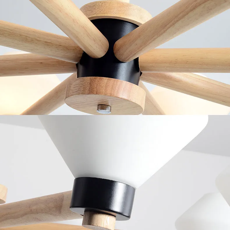 White Glass Urn Shade Pendant Light - 6-Light Nordic Wood Hanging Lamp for Living Room