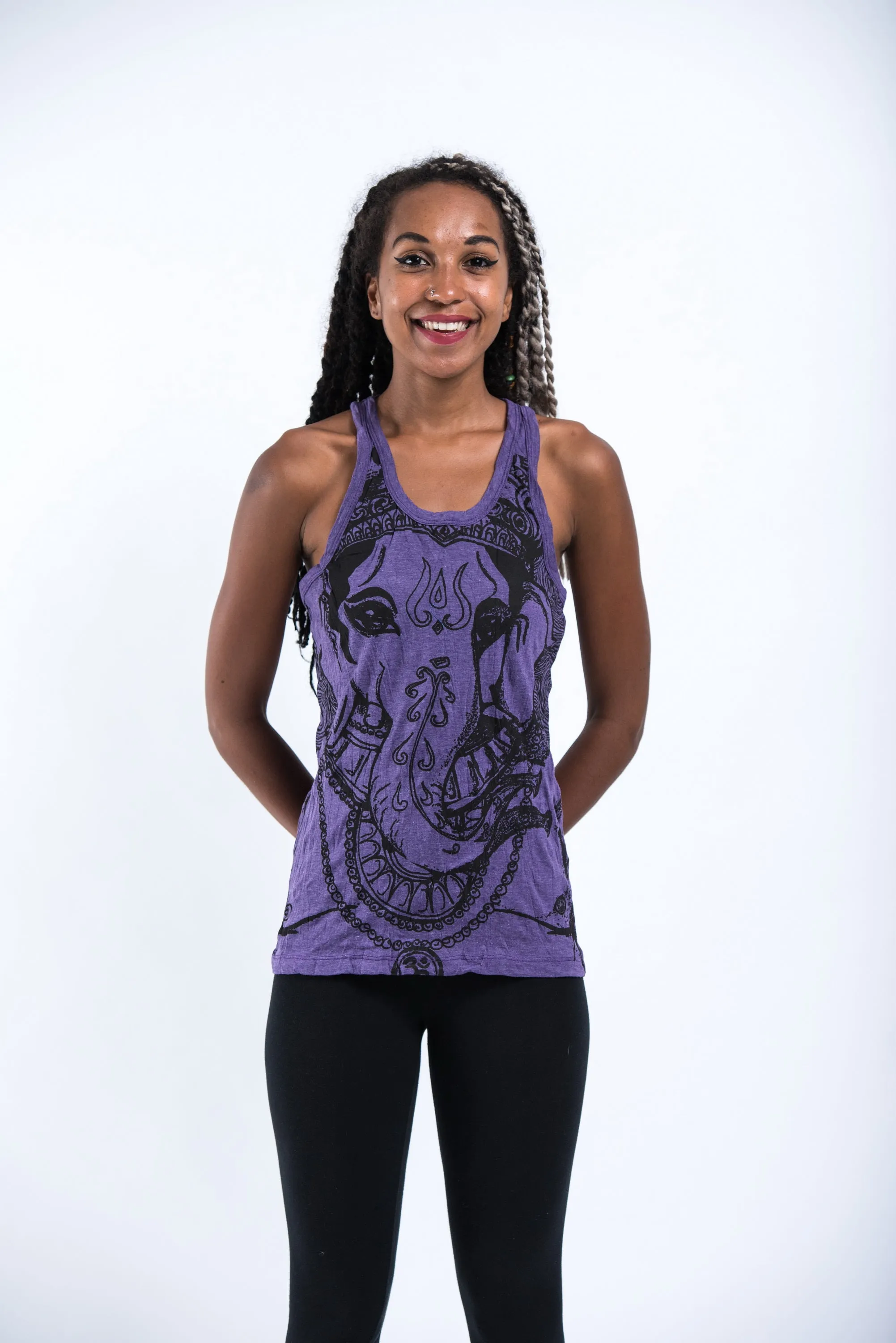 Womens Big Face Ganesh Tank Top in Purple