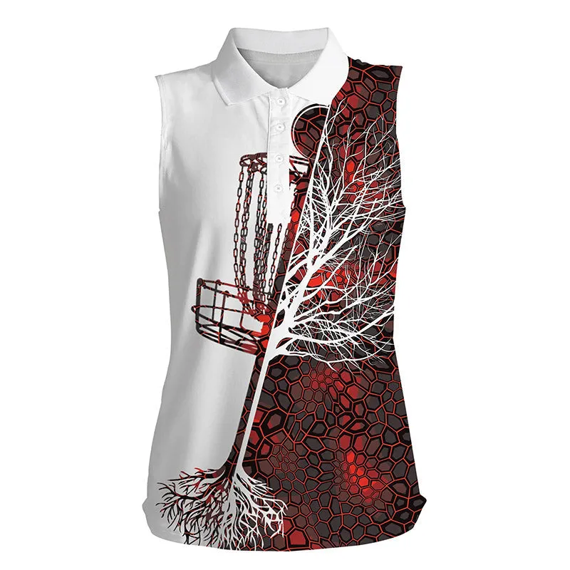 Womens disc golf sleeveless polo shirt red camo disc golf basket, sleeveless disc golf tops shirts