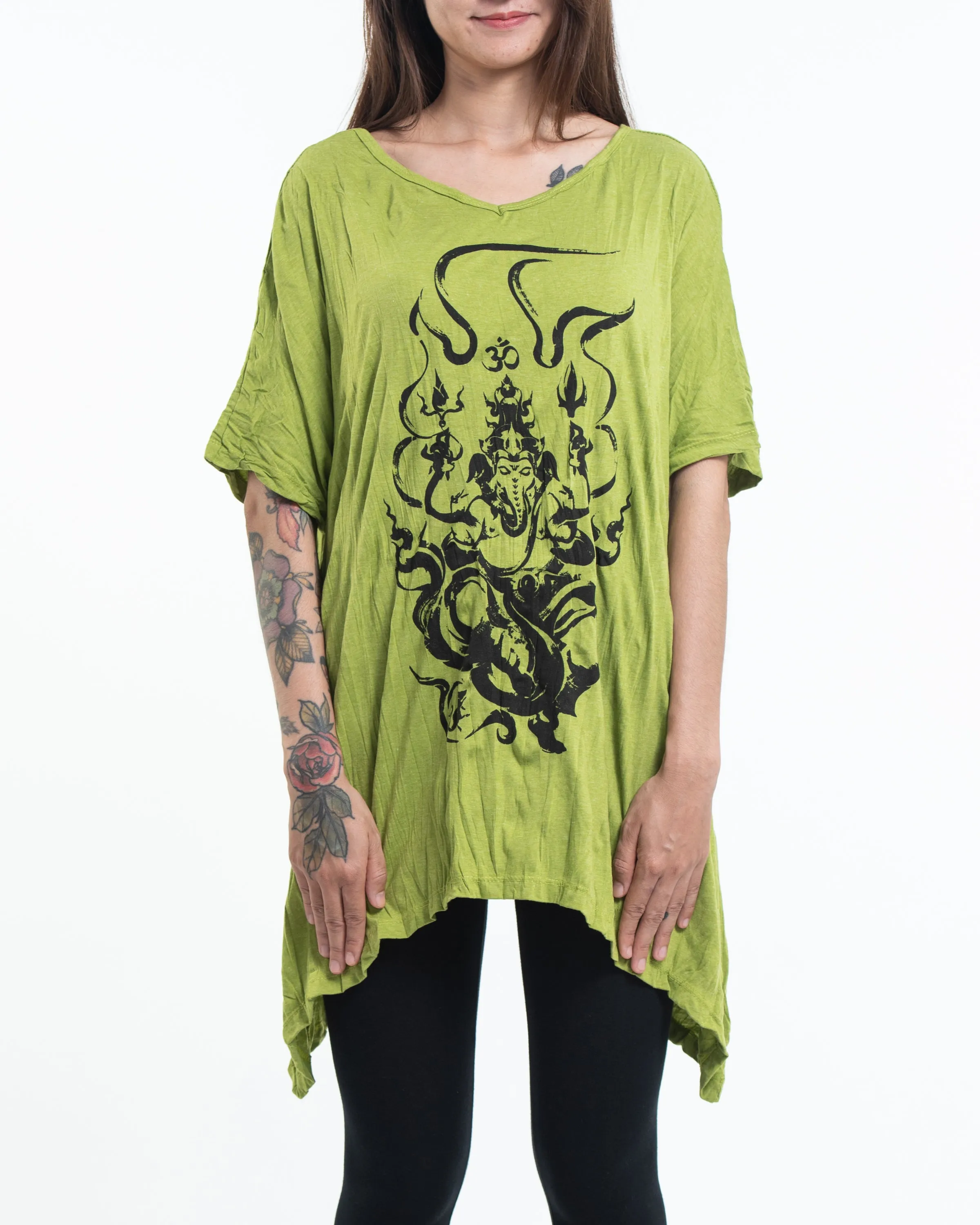 Womens Ganesh Chakra Loose V Neck T-Shirt in Lime