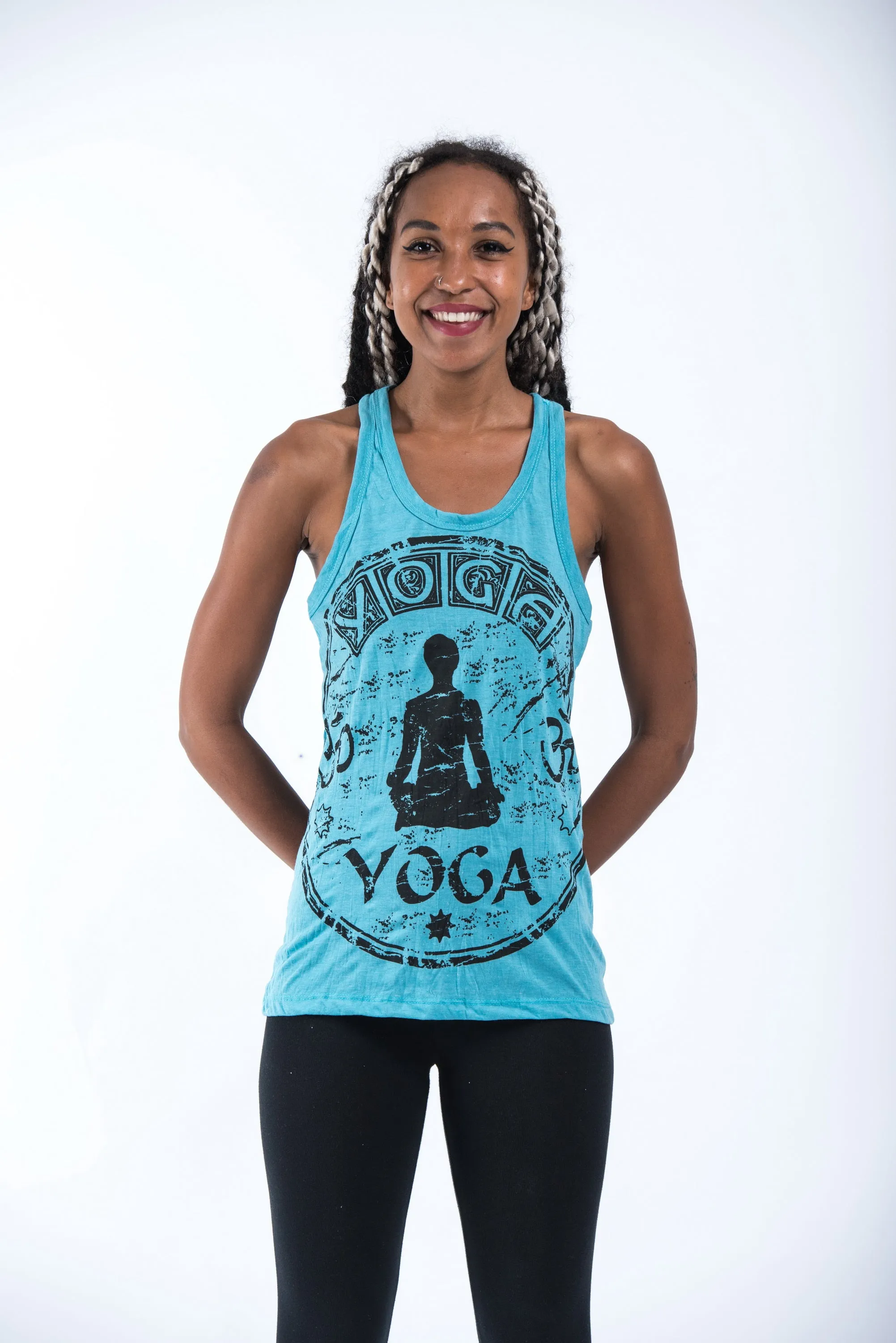 Womens Infinitee Yoga Stamp Tank Top in Turquoise